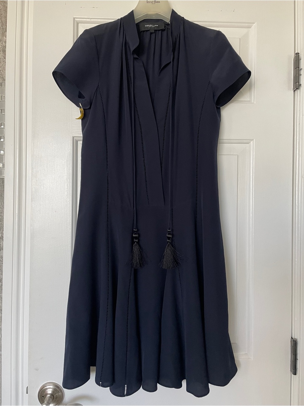 Derek Lam Navy Short-Sleeve Silk Dress with tassels Size 2-Boho Minimalist